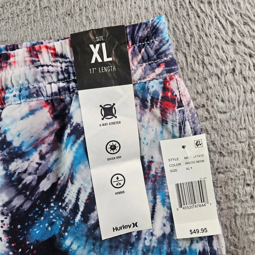 NWT Hurley Board Shorts Swim Trunks Men XL No Liner Tie Dye Print White Blue Red